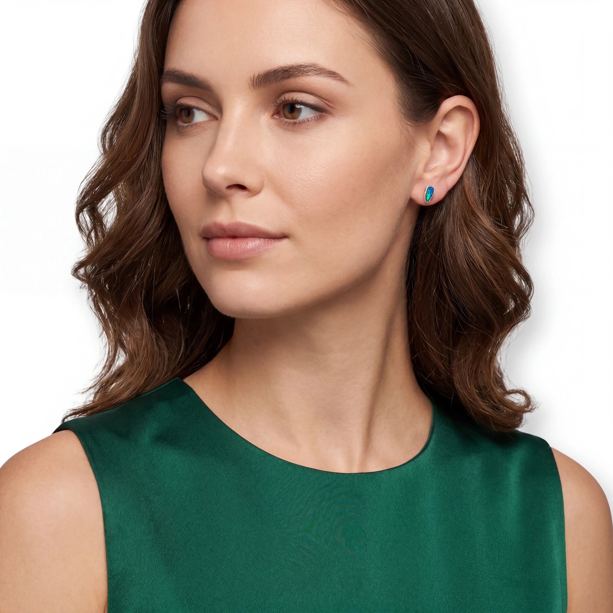 Boulder Opal Earrings in 14K White Gold - Green-Blue - Australian Opal Cutters and Pearl Divers