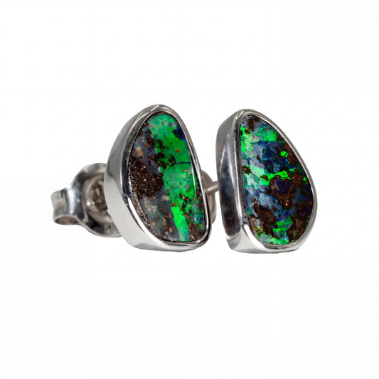 Boulder Opal Earrings in 14K White Gold - Green-Blue