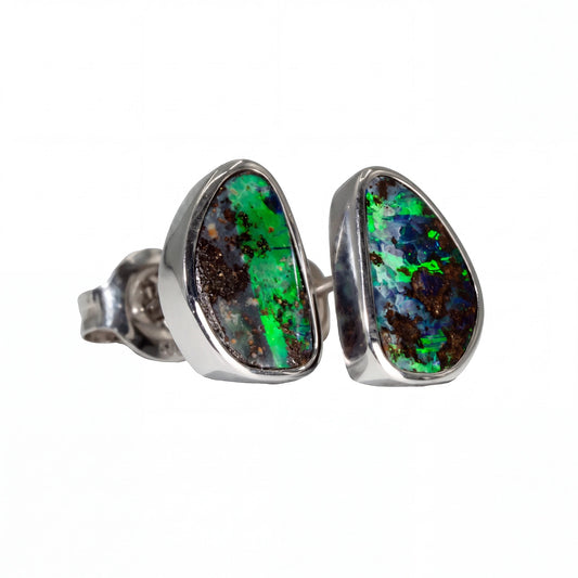 Boulder Opal Earrings in 14K White Gold - Green-Blue - Australian Opal Cutters and Pearl Divers