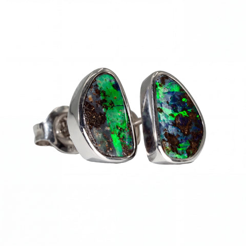 Boulder Opal Earrings in 14K White Gold - Green-Blue - Australian Opal Cutters and Pearl Divers