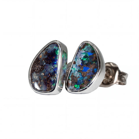 Boulder Opal Earrings in 14K White Gold - Green-Blue - Australian Opal Cutters and Pearl Divers