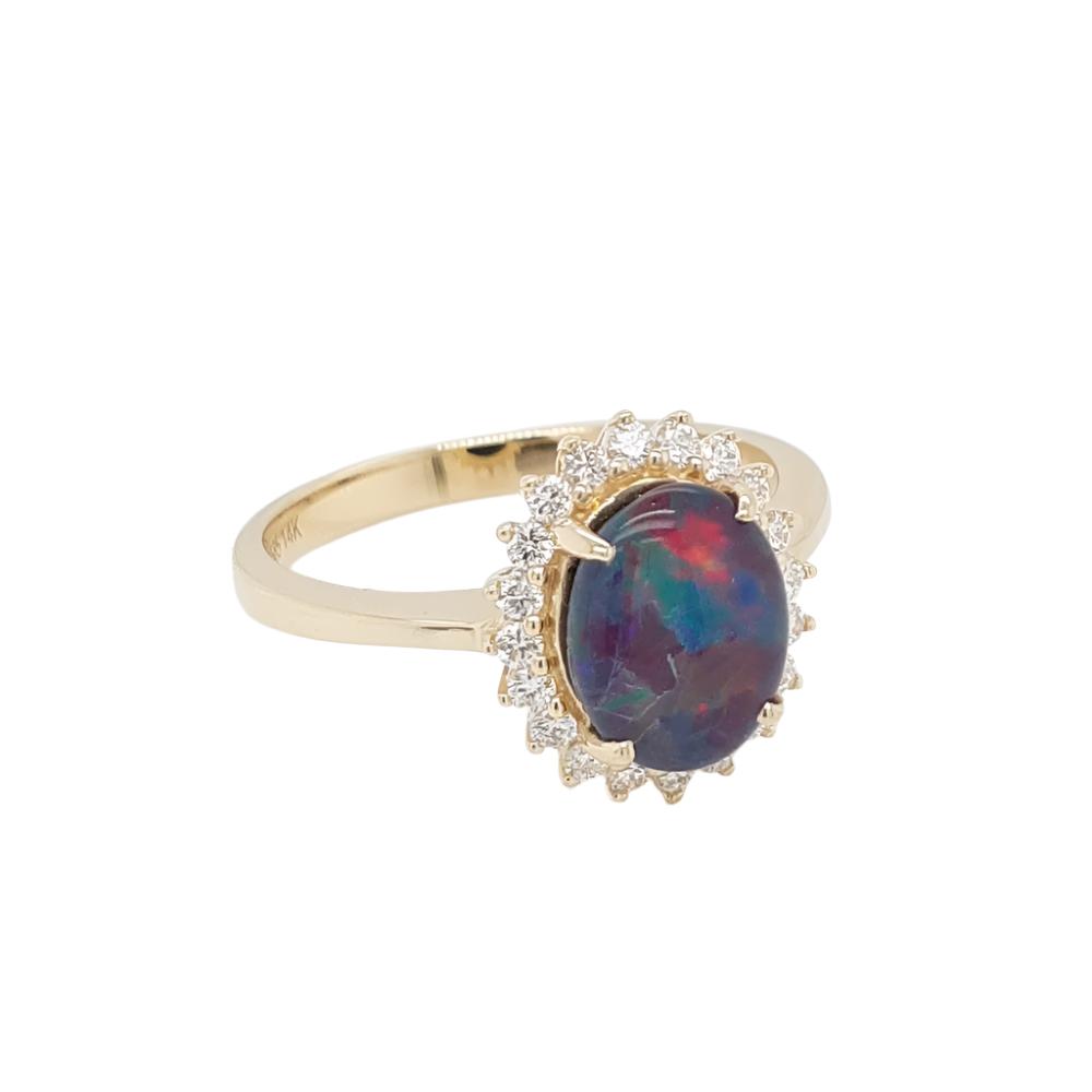 Australian Opal Triplet 9 x 7 mm Ring set in 585 14 Karat Yellow Gold with Diamonds