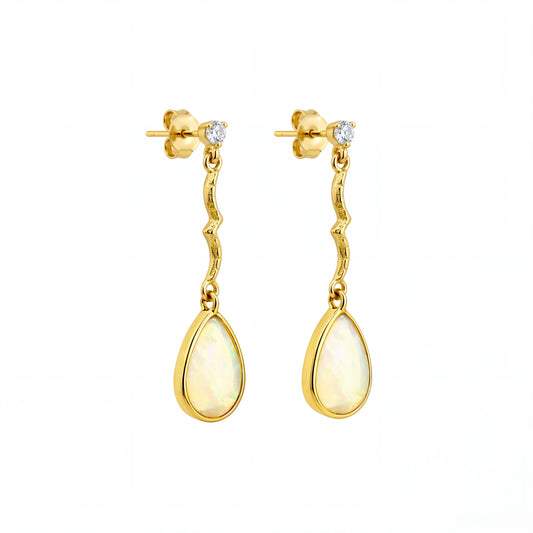 Gold earrings with teardrop-shaped yellow gemstones on a white background