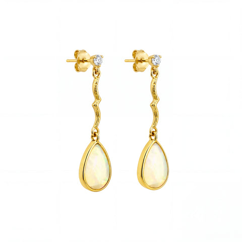 Gold earrings with teardrop-shaped yellow gemstones on a white background