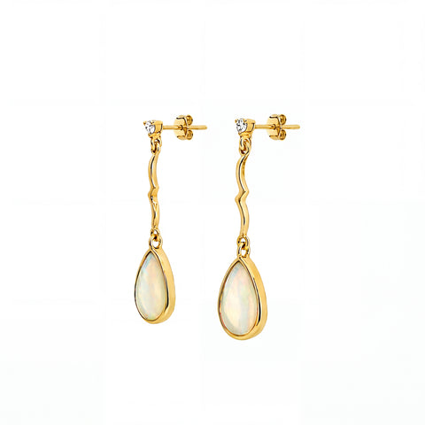 Gold earrings with teardrop-shaped stones on a white background