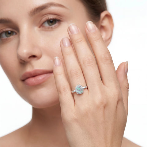 Woman wearing a diamond ring on her finger with a close-up of the ring.