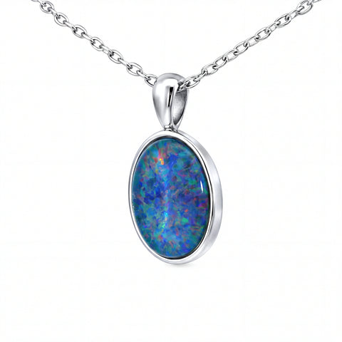 Triplet Opal Pendant in Stainless Steel - Green-Blue