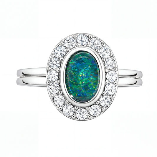 Triplet Opal Ring in Stainless Steel - Green and Blue