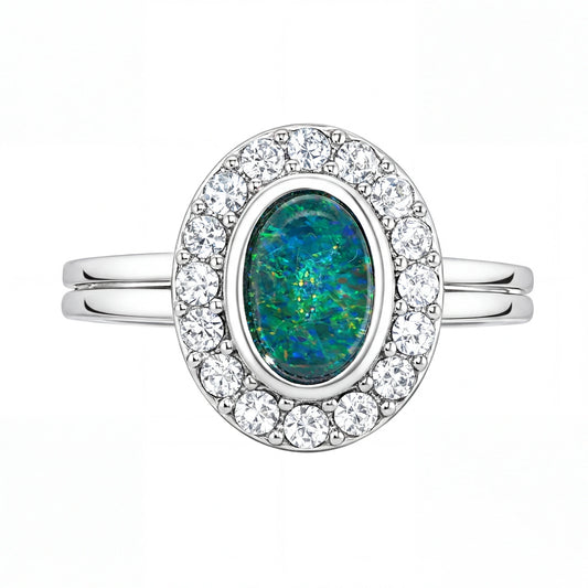 Triplet Opal Ring in Stainless Steel - Green and Blue - Australian Opal Cutters and Pearl Divers