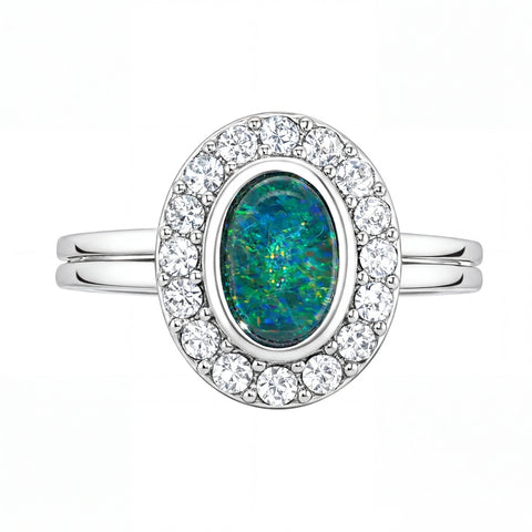 Triplet Opal Ring in Stainless Steel - Green and Blue - Australian Opal Cutters and Pearl Divers