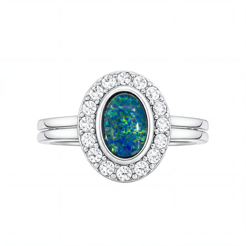 Triplet Opal Ring in Stainless Steel - Green and Blue