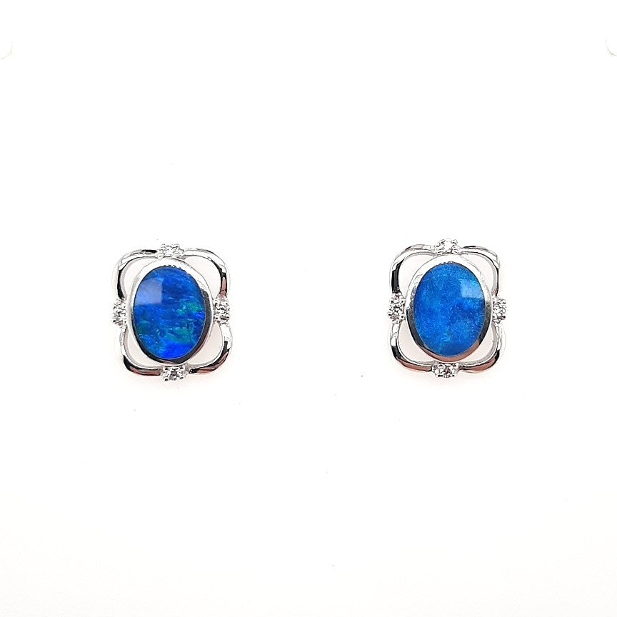 Australian Opal Doublet Earrings set in 925 Sterling Silver with Cubic Zirconia