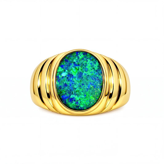 Doublet Opal Men's Ring in 14K Yellow Gold - Multicolour - Australian Opal Cutters and Pearl Divers