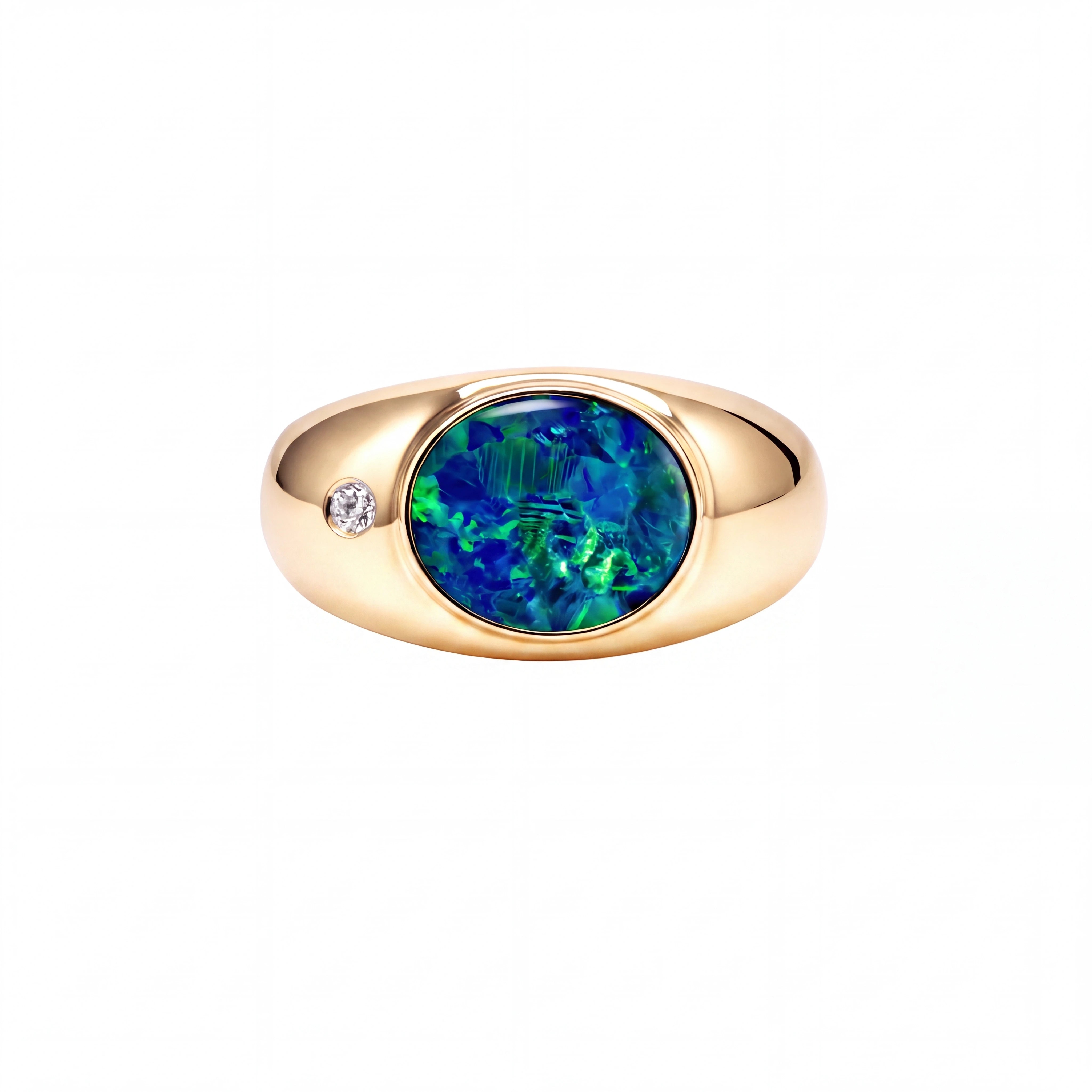 Doublet Opal Men's Ring in 14K Yellow Gold - Green-Blue - Australian Opal Cutters and Pearl Divers