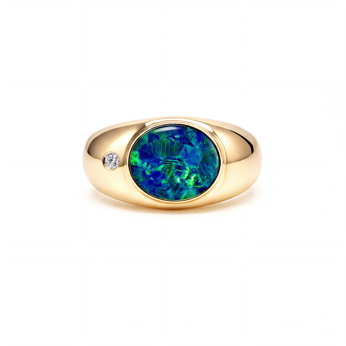 Doublet Opal Men's Ring in 14K Yellow Gold - Green-Blue