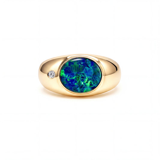 Doublet Opal Men's Ring in 14K Yellow Gold - Green-Blue