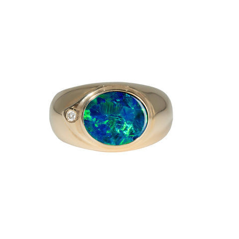 Doublet Opal Men's Ring in 14K Yellow Gold - Green-Blue