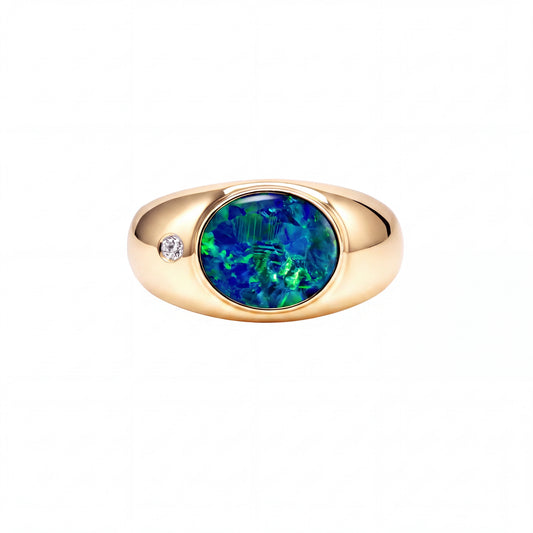 Doublet Opal Men's Ring in 14K Yellow Gold - Green-Blue - Australian Opal Cutters and Pearl Divers