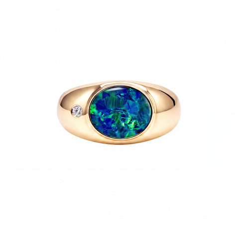 Doublet Opal Men's Ring in 14K Yellow Gold - Green-Blue - Australian Opal Cutters and Pearl Divers