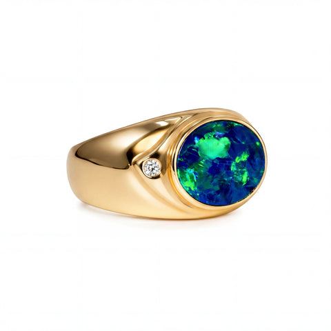 Doublet Opal Men's Ring in 14K Yellow Gold - Green-Blue