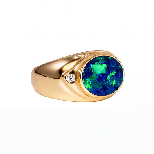 Doublet Opal Men's Ring in 14K Yellow Gold - Green-Blue - Australian Opal Cutters and Pearl Divers