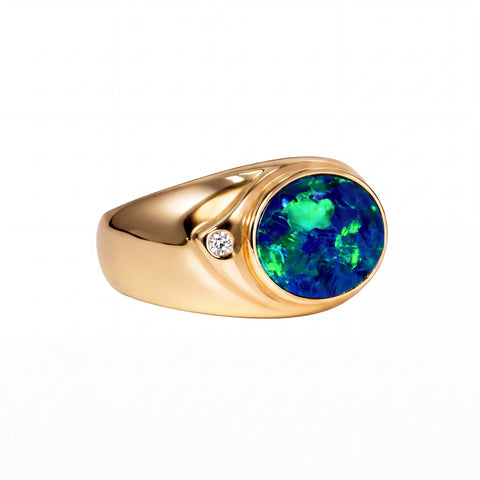 Doublet Opal Men's Ring in 14K Yellow Gold - Green-Blue - Australian Opal Cutters and Pearl Divers