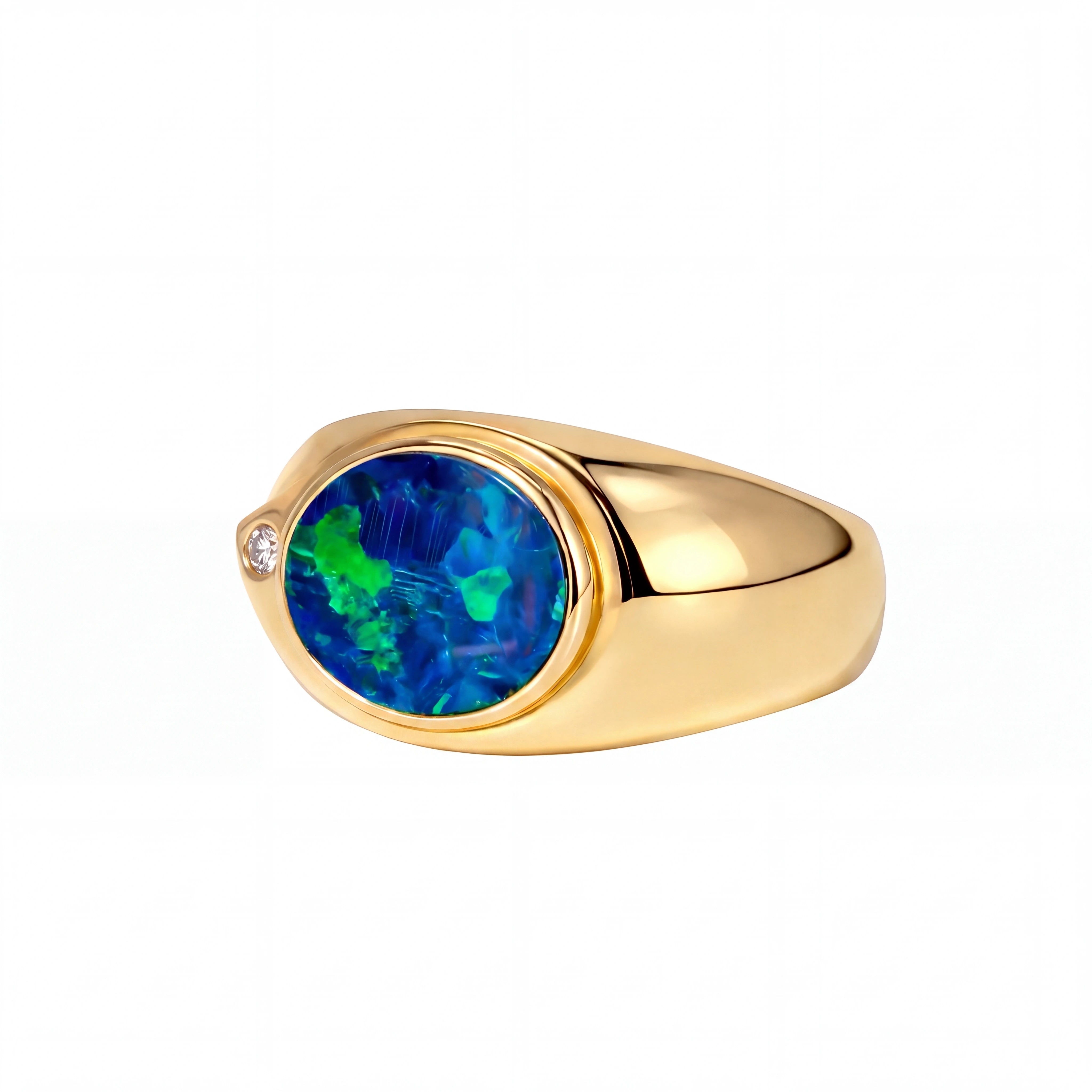 Doublet Opal Men's Ring in 14K Yellow Gold - Green-Blue - Australian Opal Cutters and Pearl Divers