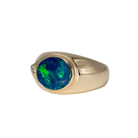 Doublet Opal Men's Ring in 14K Yellow Gold - Green-Blue