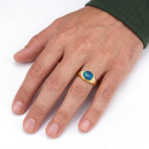 Doublet Opal Men's Ring in 14K Yellow Gold - Green-Blue