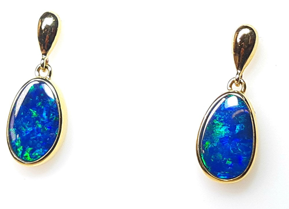 Australian Opal Doublet 2.65 Carat Earrings Set in 583 14 Karat Yellow Gold