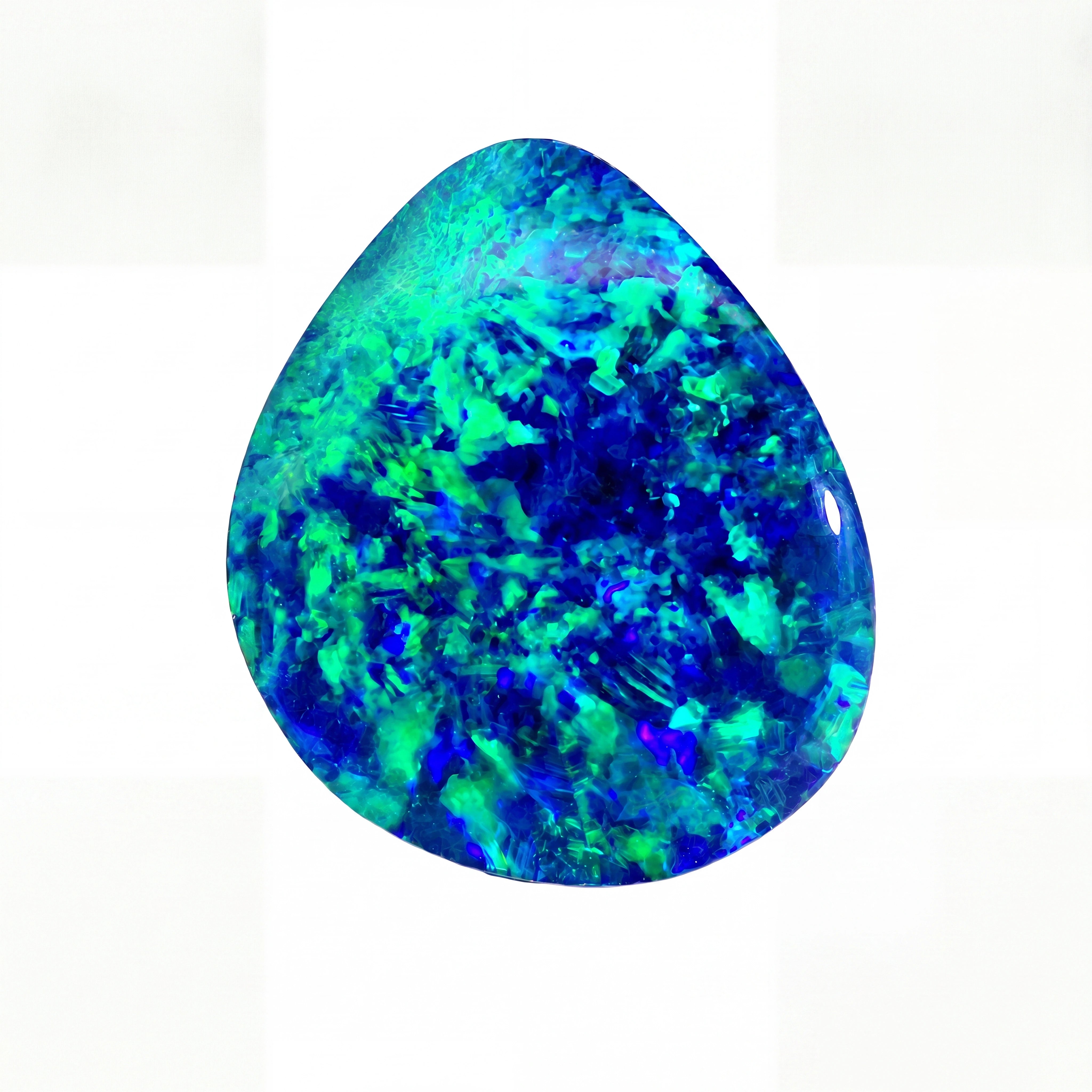 A teardrop-shaped loose opal gemstone displaying vibrant blue and green flashes on a white background.