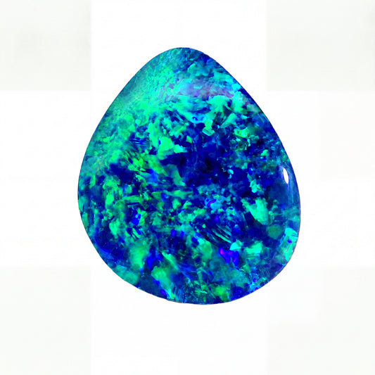 A teardrop-shaped loose opal gemstone displaying vibrant blue and green flashes on a white background.
