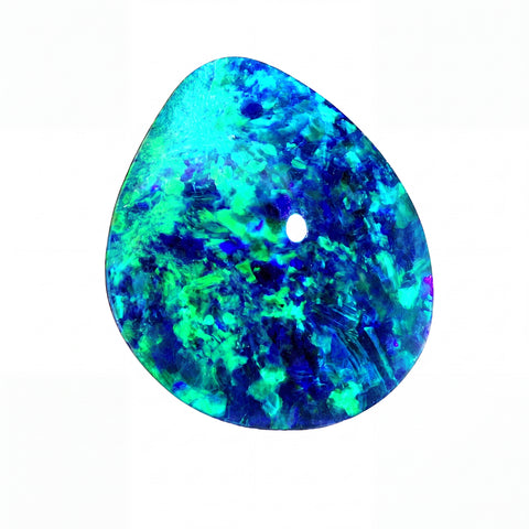 A teardrop-shaped iridescent gemstone cabochon with a hole, showcasing vibrant blue, green, and turquoise colours, isolated on a white background.