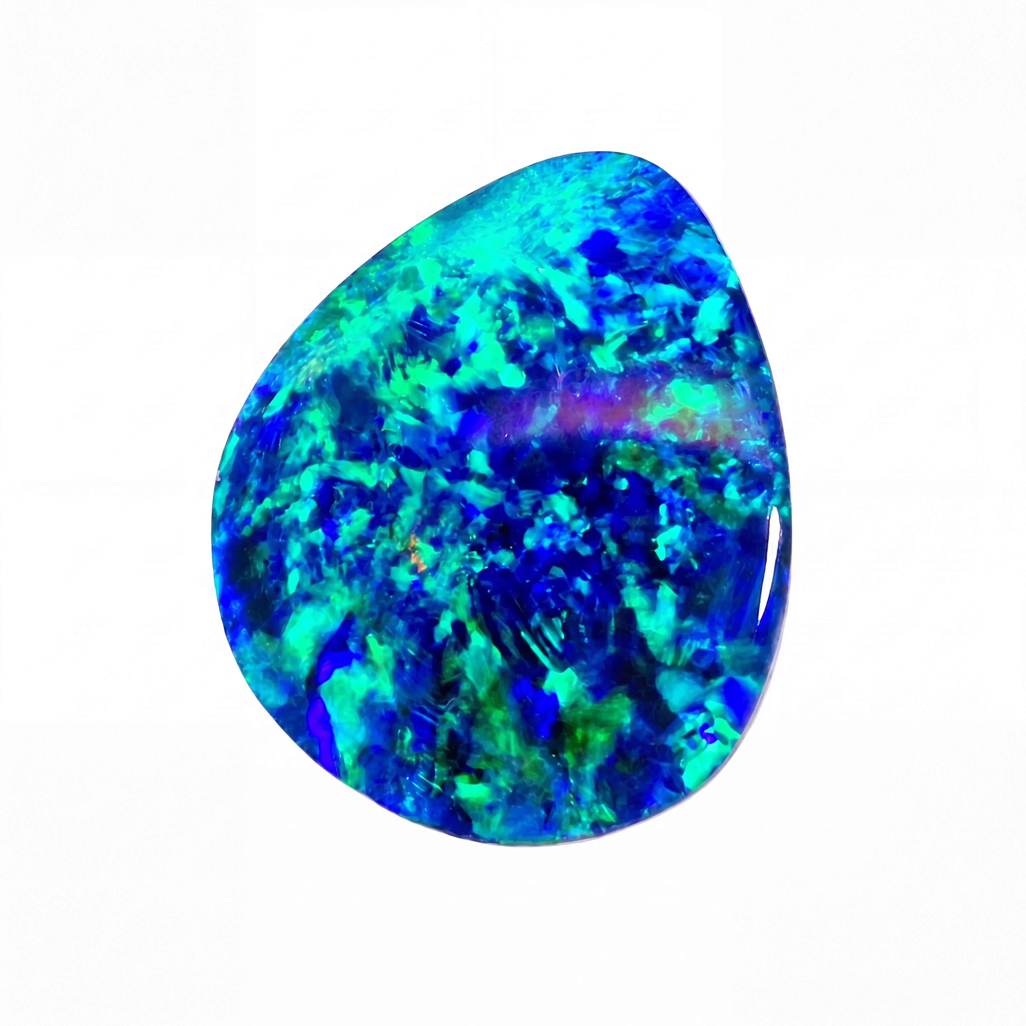 A teardrop-shaped cabochon gemstone featuring vibrant blue, green, and purple iridescent opal patterns, isolated on a solid white background.