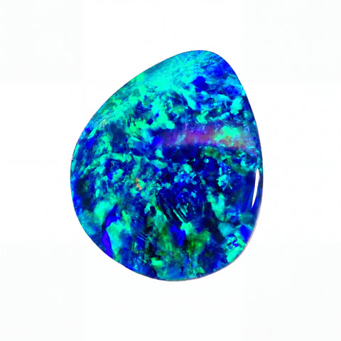 A teardrop-shaped cabochon gemstone featuring vibrant blue, green, and purple iridescent opal patterns, isolated on a solid white background.