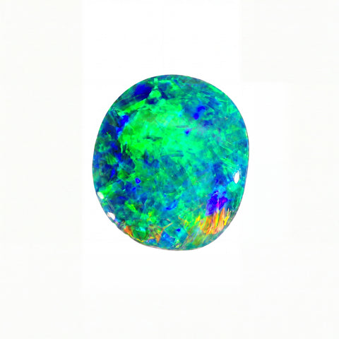 A round cabochon-cut opal gemstone displaying vibrant, shifting colours of green, blue, purple, and orange on a solid white background.