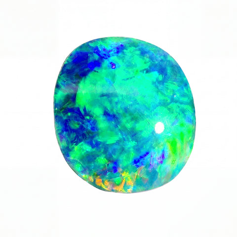 A round cabochon-cut opal gemstone displaying vibrant, swirling patterns of electric blue, green, and hints of purple and yellow, set against a plain white background.