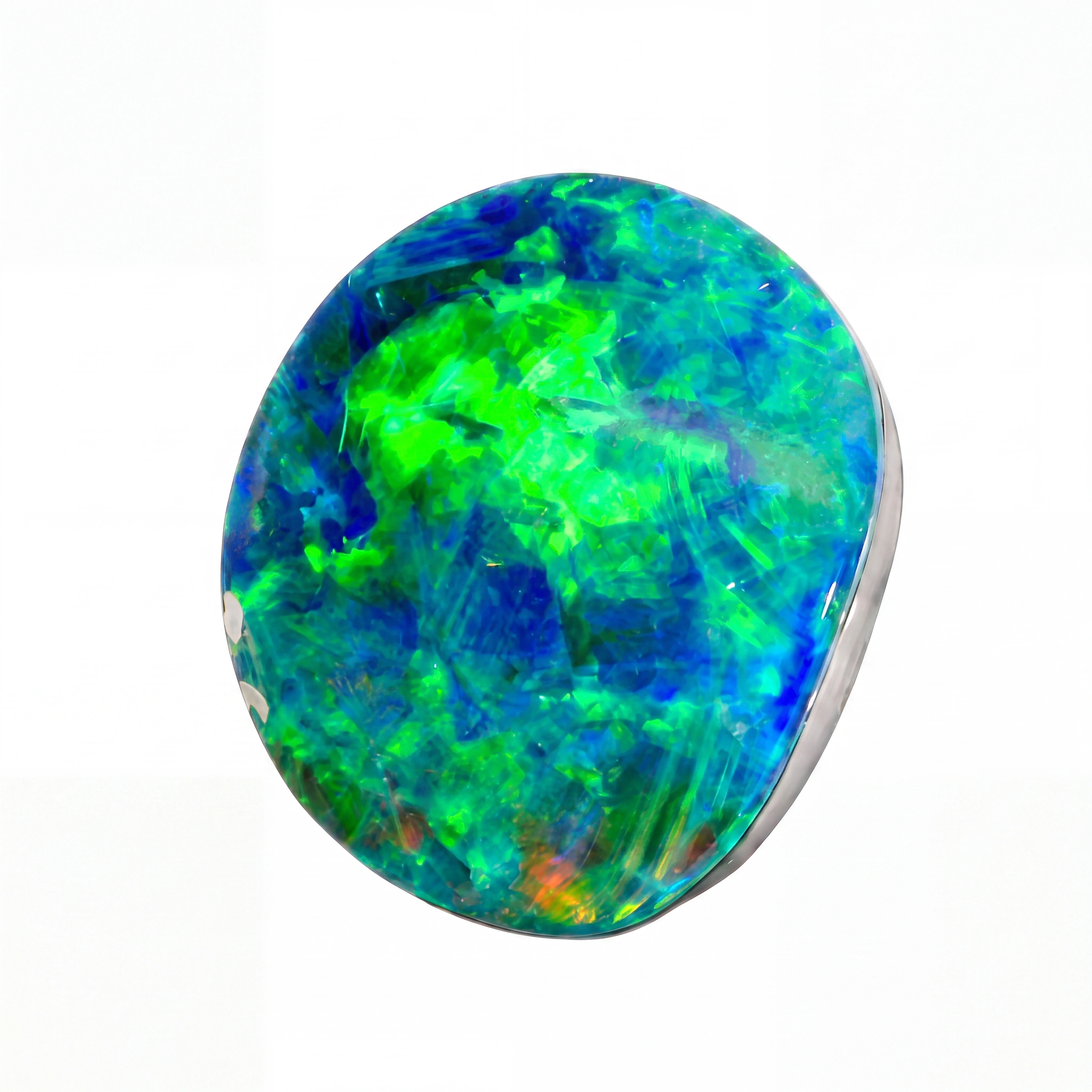 A round lab-created opal gemstone with vibrant green and blue iridescent colours, set in a silver bezel setting against a plain white background.