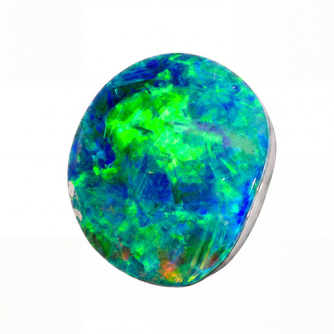 A round lab-created opal gemstone with vibrant green and blue iridescent colours, set in a silver bezel setting against a plain white background.