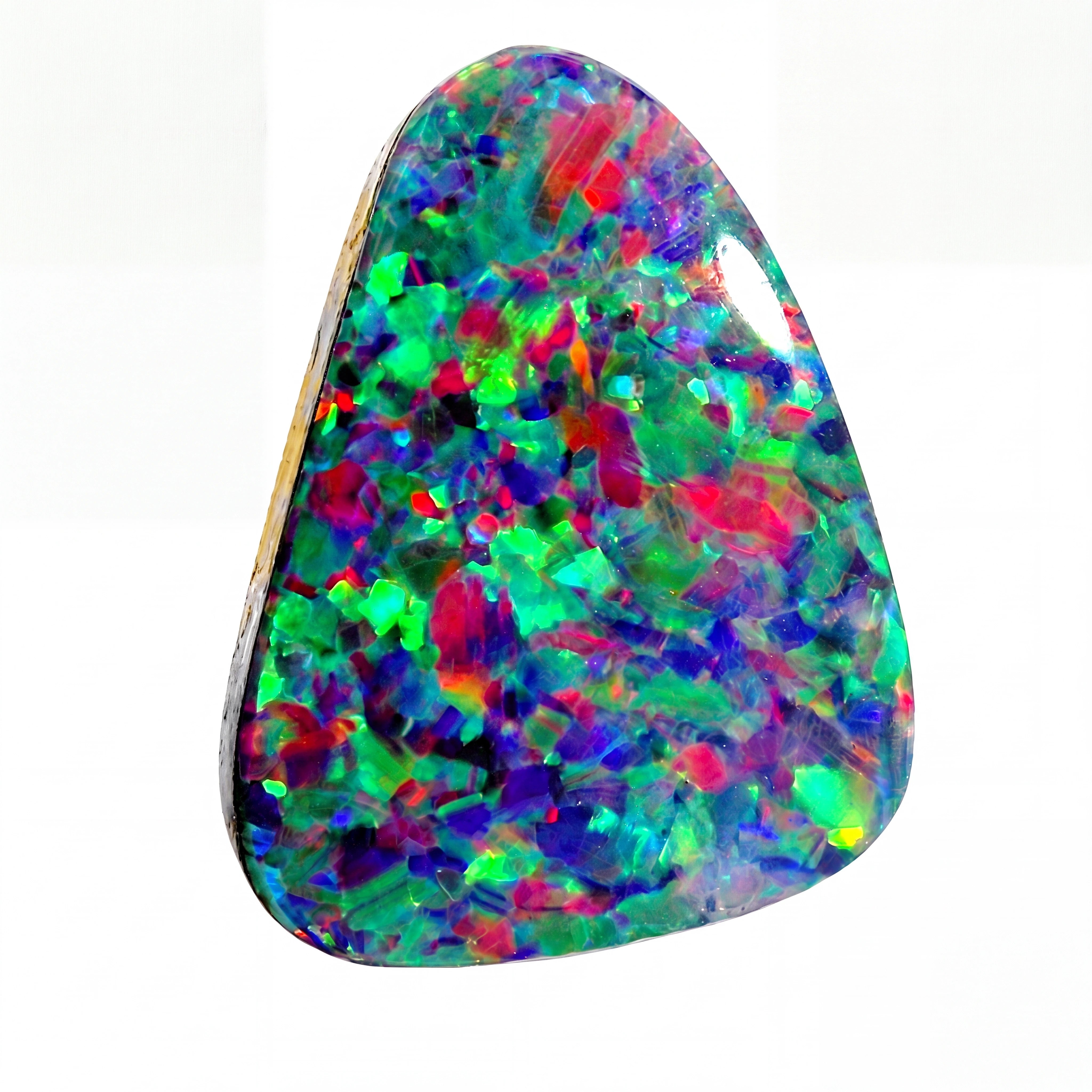 A teardrop-shaped guitar pick with a vibrant, multicoloured opal pattern featuring shades of green, blue, purple, red, and yellow on a white background.