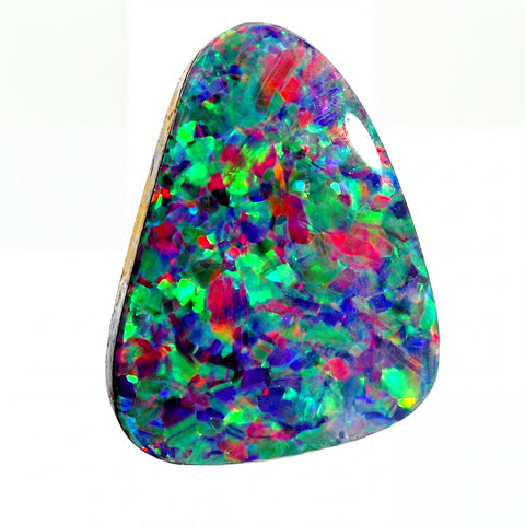 A teardrop-shaped guitar pick with a vibrant, multicoloured opal pattern featuring shades of green, blue, purple, red, and yellow on a white background.