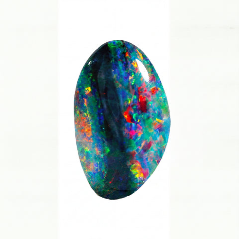 A polished oval opal gemstone displaying a vibrant play-of-colour with blue, green, red, orange, and yellow flashes on a solid black background.