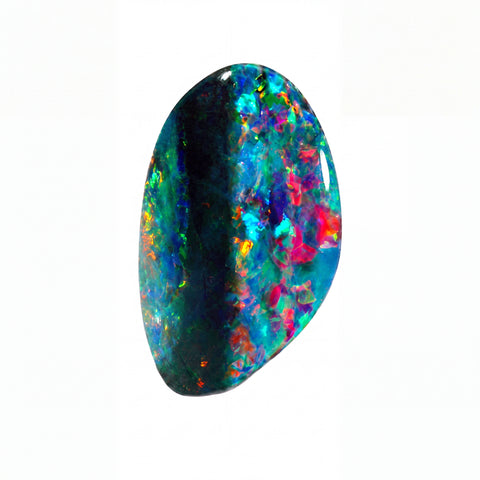 A polished oval-shaped black opal gemstone displaying vibrant iridescent flashes of blue, green, pink, orange, and purple on a solid white background.