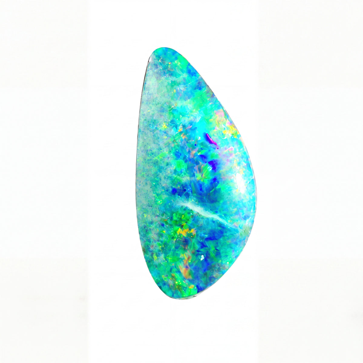 A teardrop-shaped cabochon opal gemstone displaying vibrant flashes of blue, green, and purple on a clean white background.
