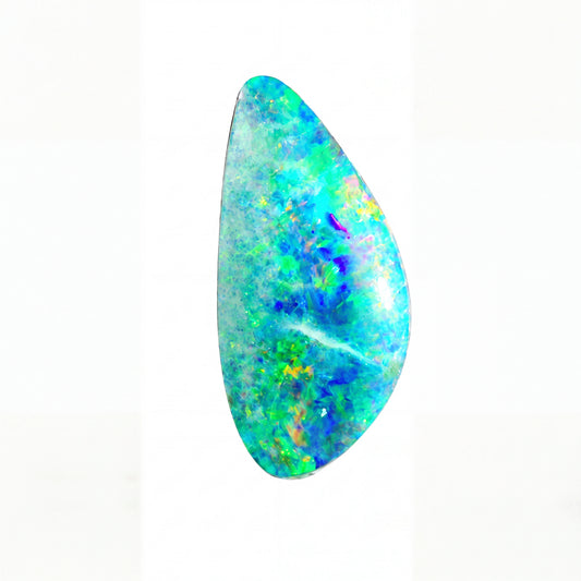 A teardrop-shaped cabochon opal gemstone displaying vibrant flashes of blue, green, and purple on a clean white background.