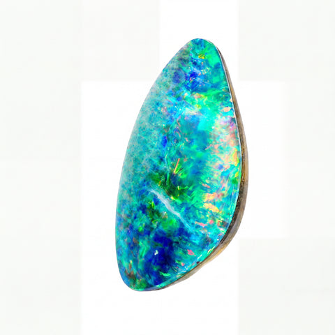 A teardrop-shaped natural opal gemstone with vibrant blue, green, and turquoise iridescent colours, set in a polished dark metal bezel on a white background.