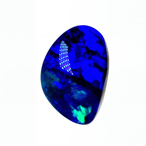 A polished, teardrop-shaped blue opal gemstone with vibrant blue, black, and green flashes, displayed on a clean white background.