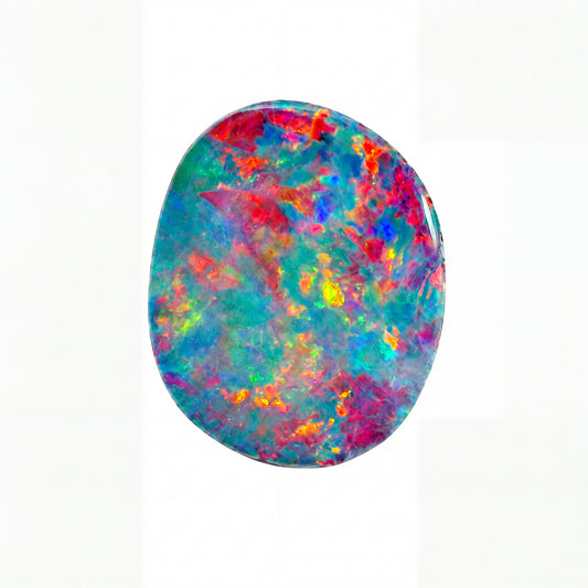 A polished oval cabochon gemstone displaying a vibrant, multicoloured play-of-colour pattern with blue, orange, red, yellow, and green hues, set against a solid black background.