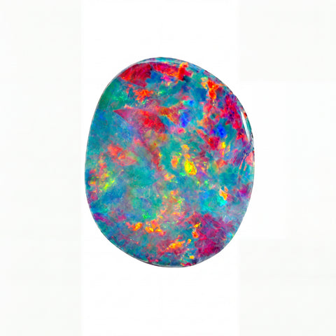 A polished oval cabochon gemstone displaying a vibrant, multicoloured play-of-colour pattern with blue, orange, red, yellow, and green hues, set against a solid black background.