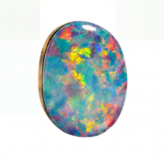 An oval-shaped cabochon opal gemstone pendant with a natural wood backing, showcasing a vibrant play-of-colour pattern with blue, green, yellow, orange, and red hues on a white background.